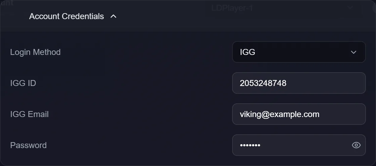 The Account Credentials settings, showing the login method selector with IGG ID, email and password fields