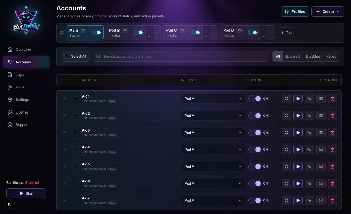 The BotDaddy Accounts screen with four tabs across the top, each showing 25 accounts and one worker, above a list of accounts all assigned to the same instance