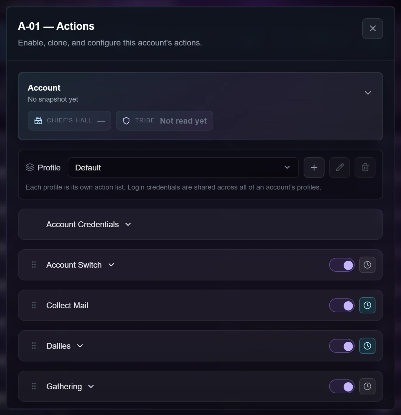 An account's action list showing Account Credentials first, Account Switch second, then Collect Mail, Dailies, Gathering and Train Troops