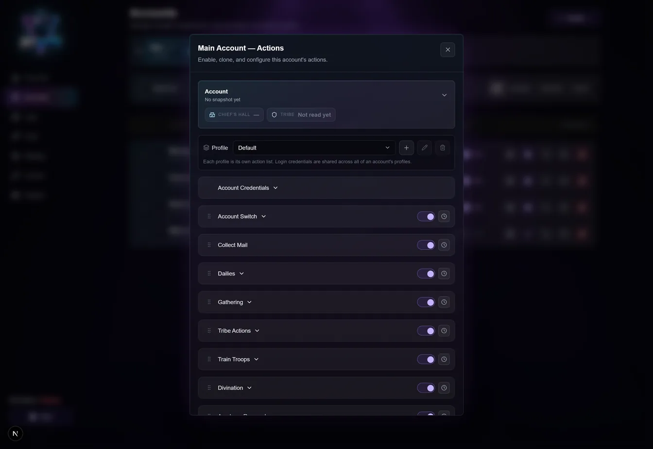The action list panel for one account, showing each action with its toggle and settings