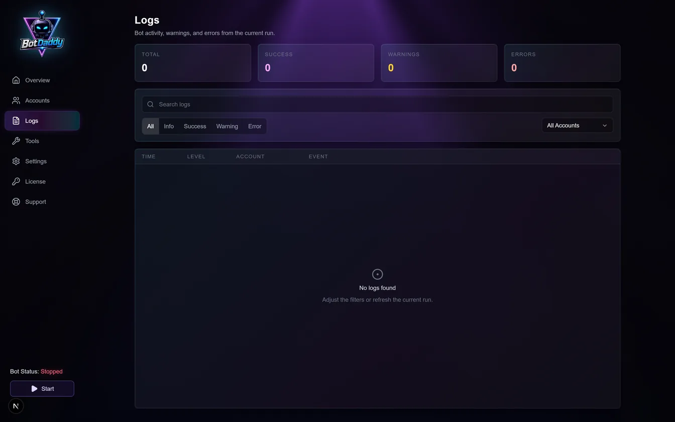 The BotDaddy Logs screen showing the total, success, warning and error counters above a filtered event feed