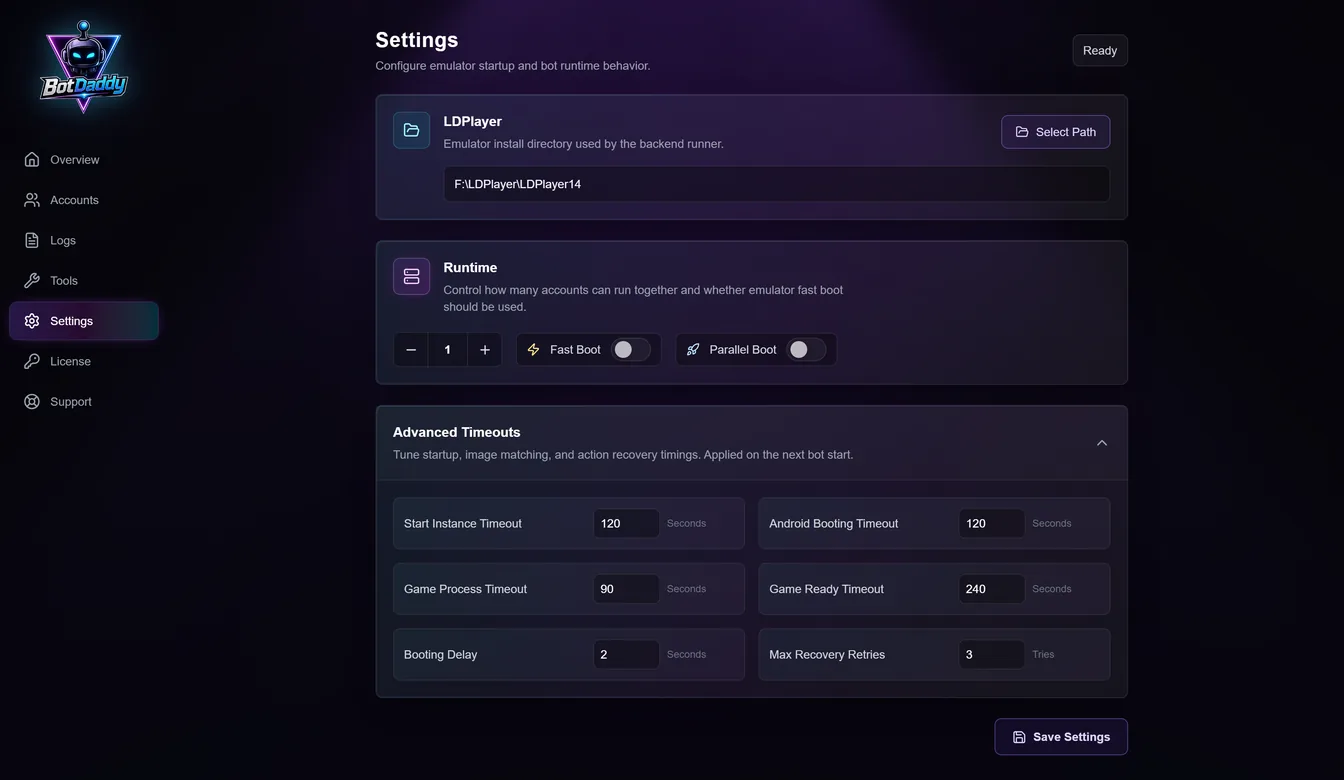 The Advanced Timeout Settings expanded, listing start instance, android booting, game process, game ready, booting delay and max recovery retries
