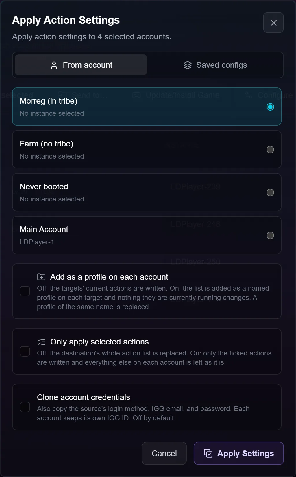The apply window, showing the From account and Saved configs tabs with the copy options beneath