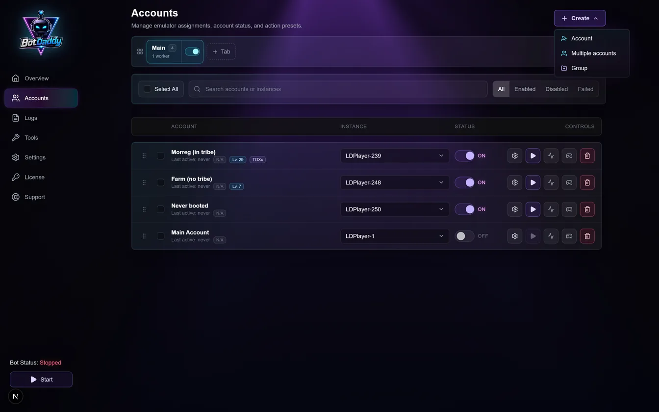 The Create menu offering Account, Multiple accounts and Group