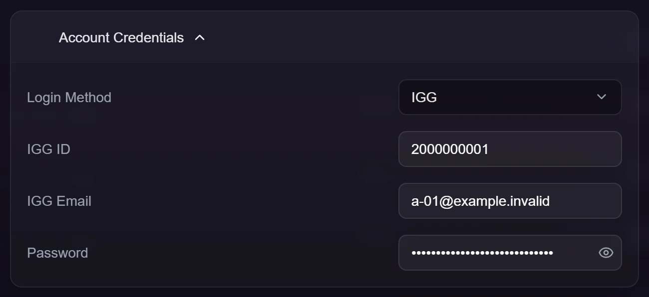The Account Credentials panel with login method IGG, an IGG ID, an IGG email and a filled password field