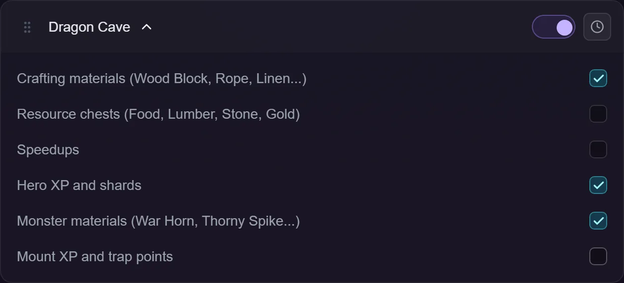 The Dragon Cave action settings, showing tick boxes for each material category the bot may spend