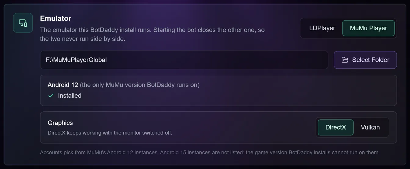 The Emulator card in BotDaddy's Settings with MuMu Player chosen: MuMu's folder, Android 12 shown as Installed, and Graphics set to DirectX