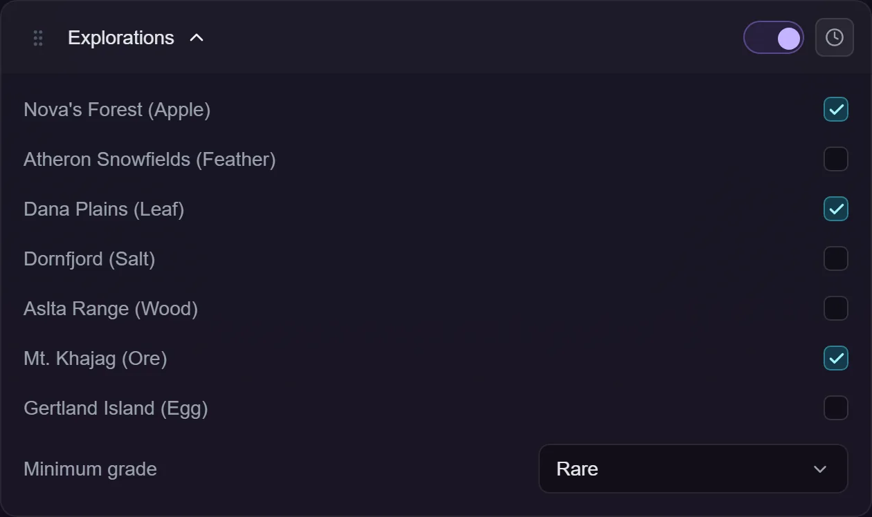 The Explorations action settings, showing a checkbox per island and the Minimum grade dropdown