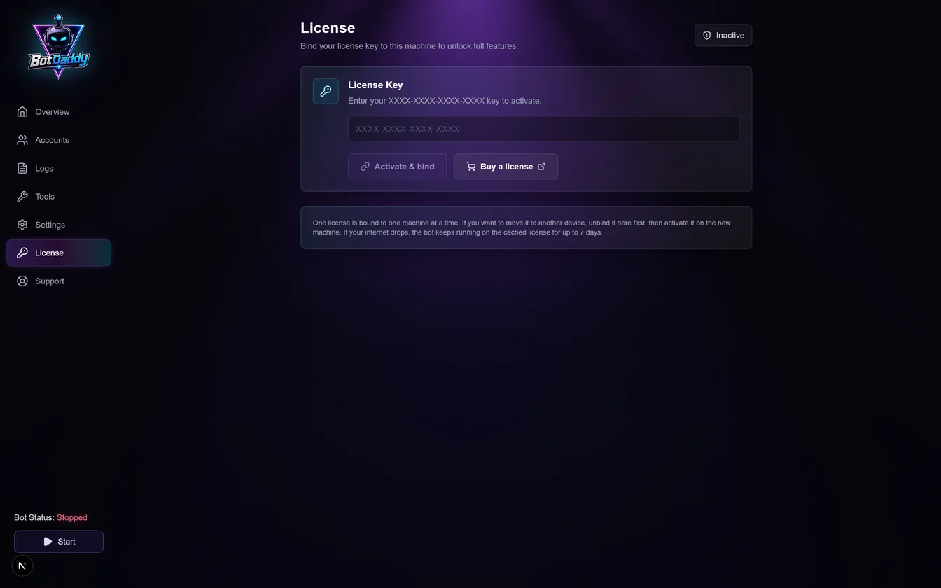 The BotDaddy License screen, showing the key field, the Activate and bind button, and the Active status badge