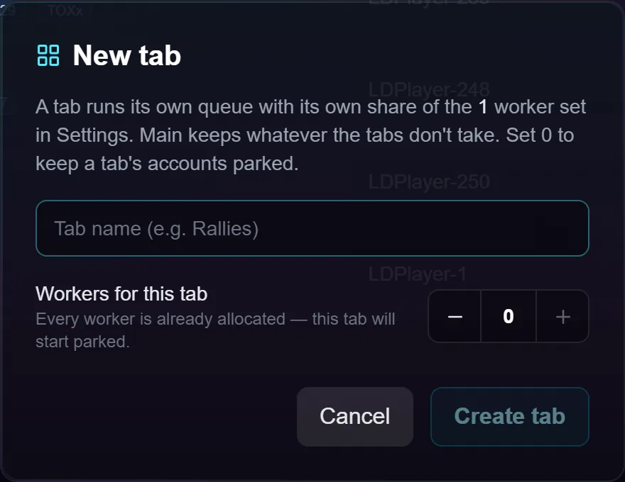 The new tab dialog, asking for a name and a worker count