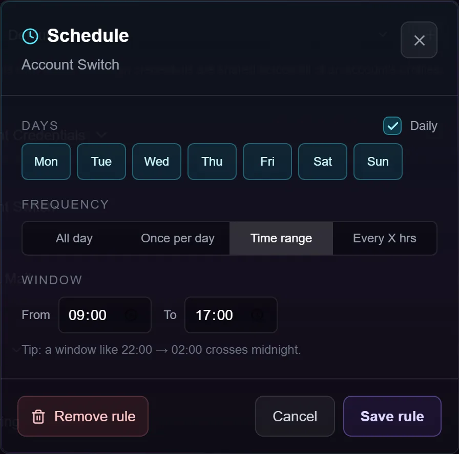 The schedule editor with Time range selected, showing the From and To window boxes