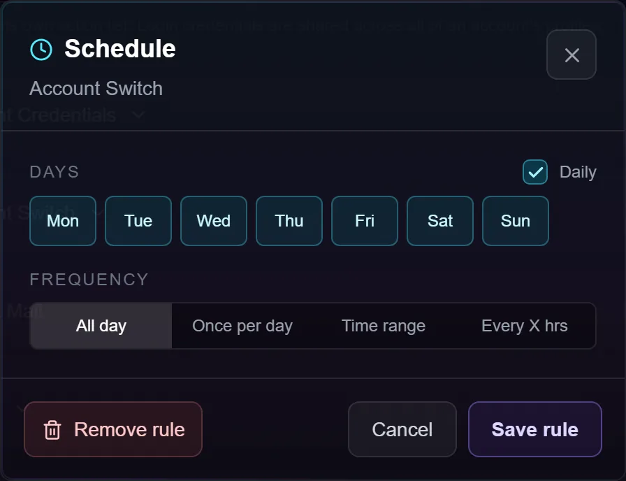 The schedule editor showing the seven day pills and the four frequency options