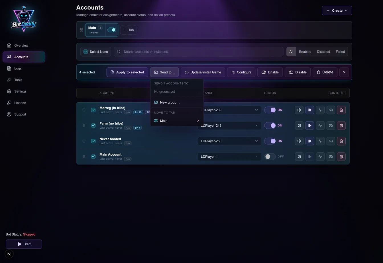 The Send to menu, offering to move selected accounts into a group or another tab