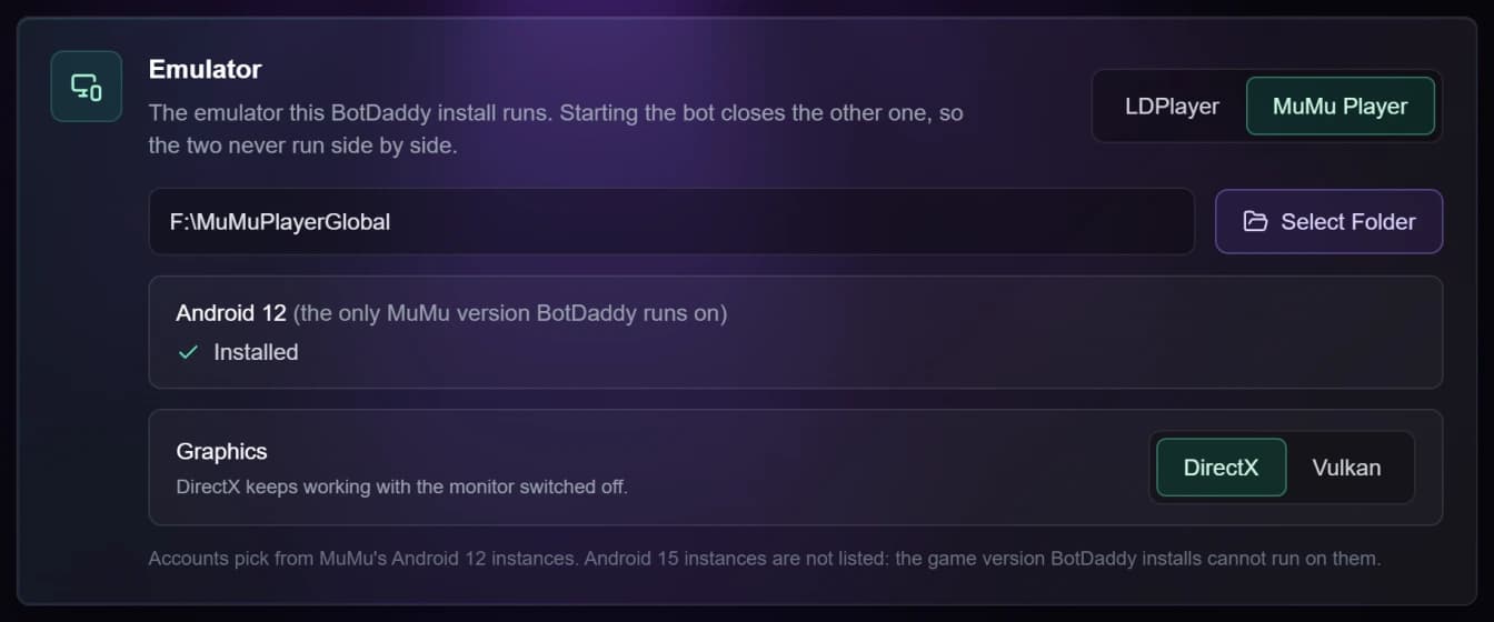 BotDaddy Settings showing MuMu Player selected, the install folder, Android 12 installed, and the graphics mode set to DirectX