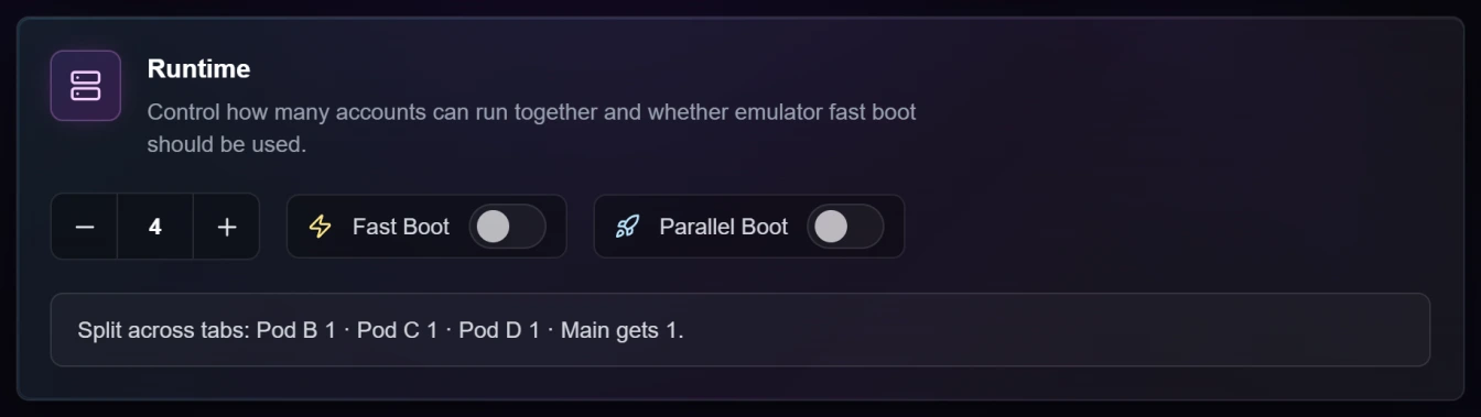 The Runtime section of Settings with the number set to 4 and a line reading Split across tabs: Pod B 1, Pod C 1, Pod D 1, Main gets 1