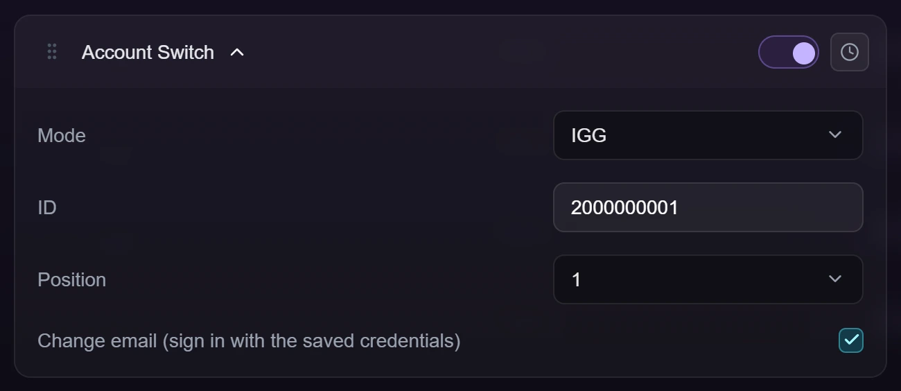 The Account Switch settings in IGG mode, with an IGG ID filled in and the Change email checkbox ticked