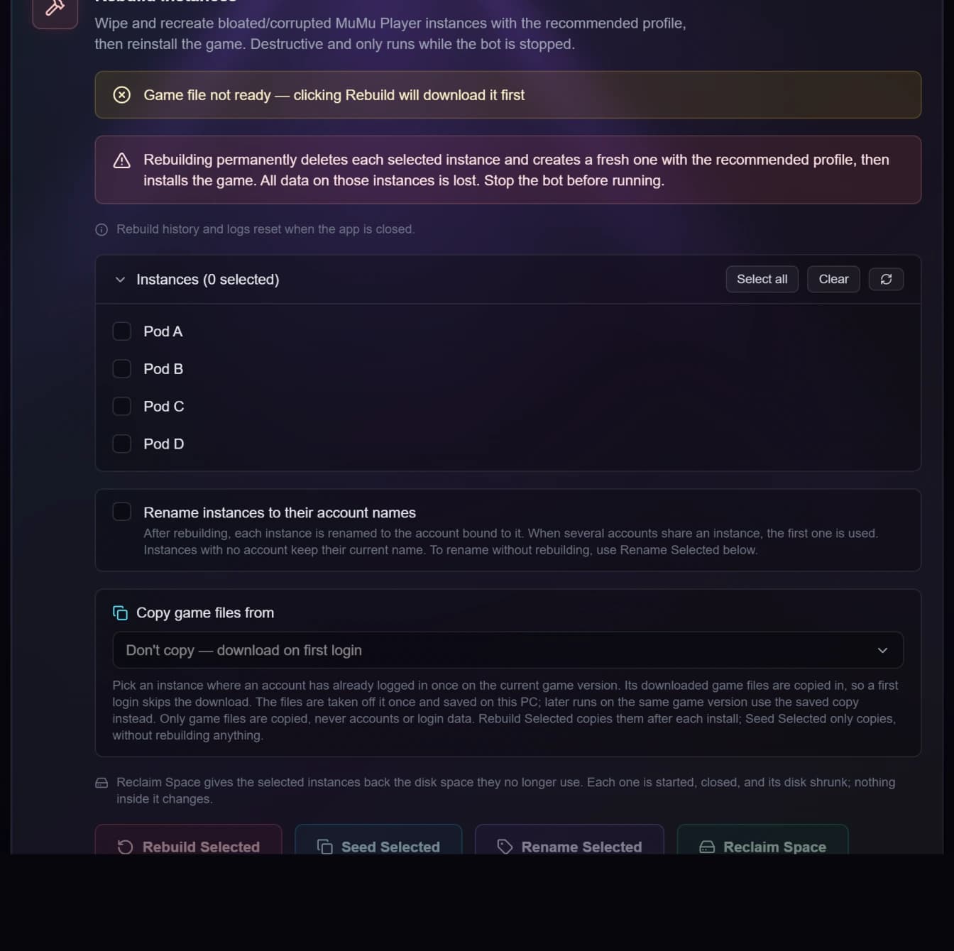 The Rebuild Instances tool showing the instance checkboxes, the Copy game files from dropdown, and the Rebuild Selected, Seed Selected, Rename Selected and Reclaim Space buttons