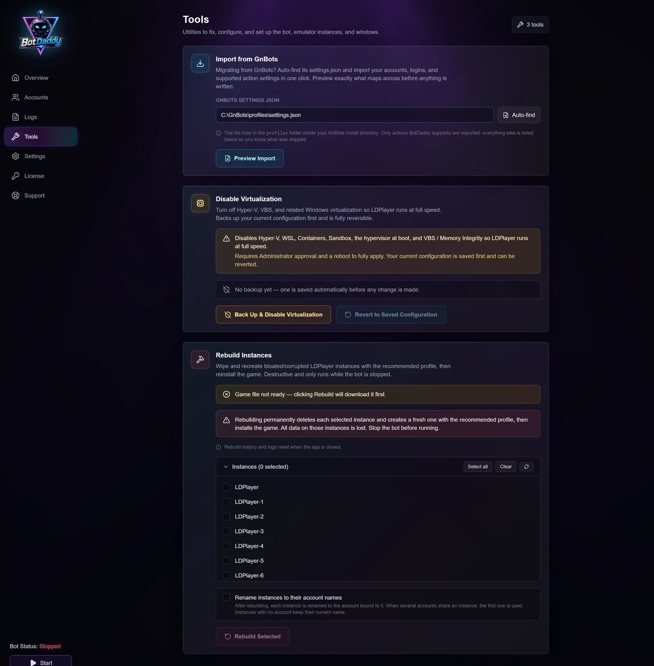 The BotDaddy Tools screen showing the GnBots import, Disable Virtualization and Rebuild Instances cards