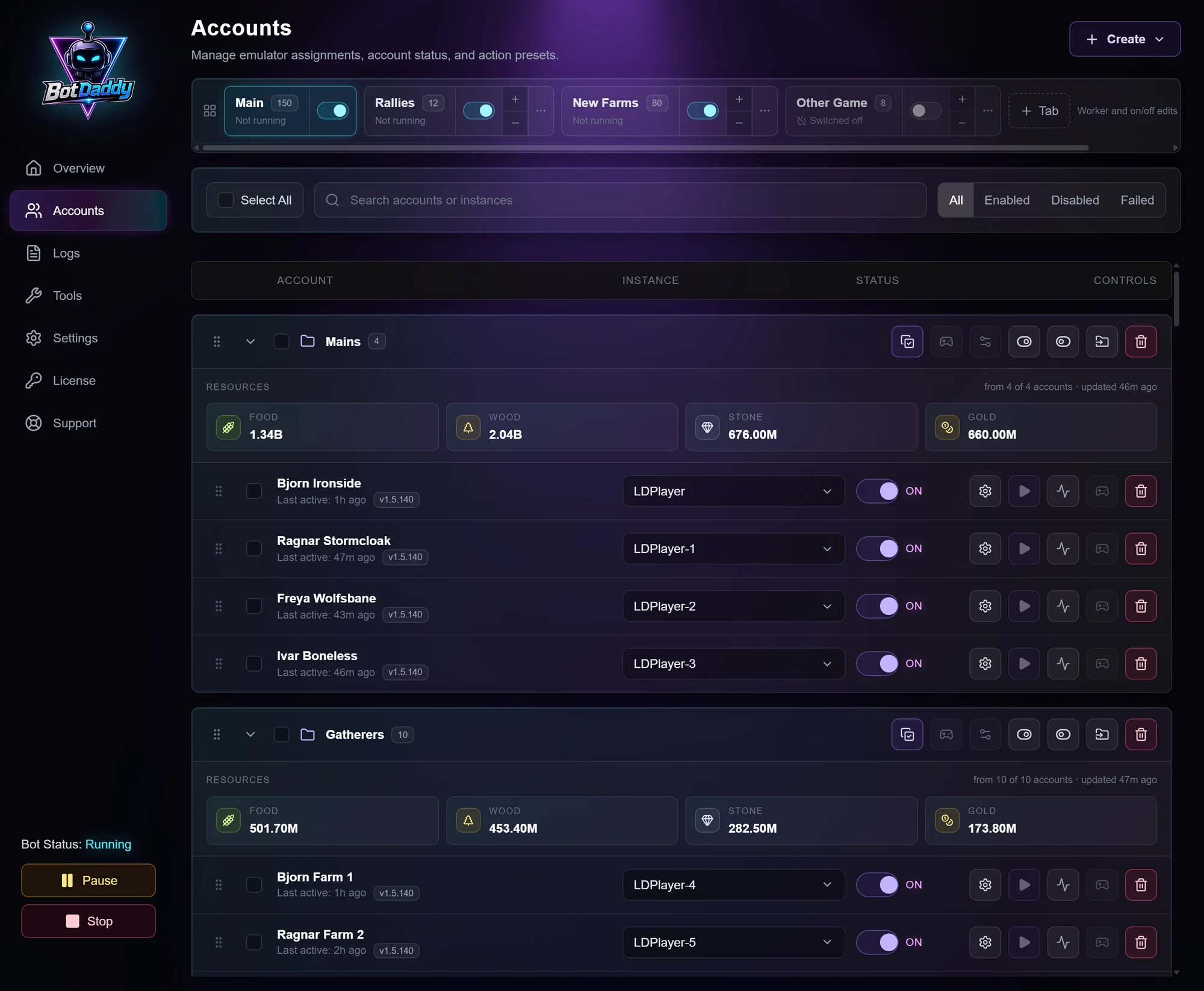 Accounts page