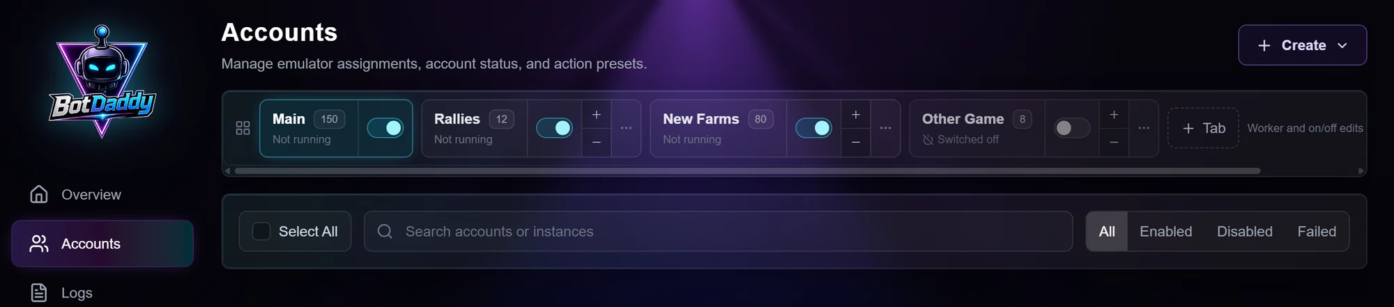 The tab strip on the Accounts screen, showing Main, Rallies, New Farms and a switched-off tab with their worker counts