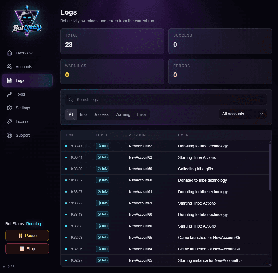 Logs page