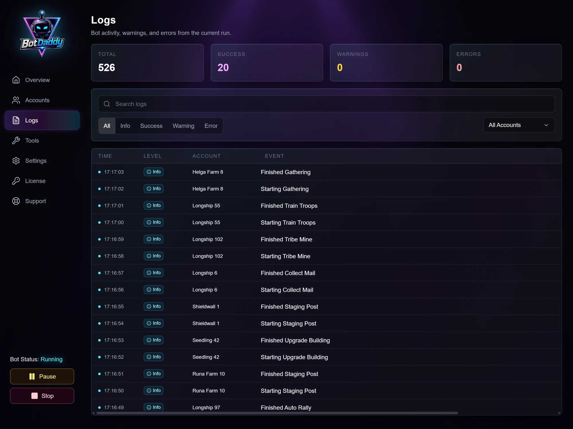 Logs page