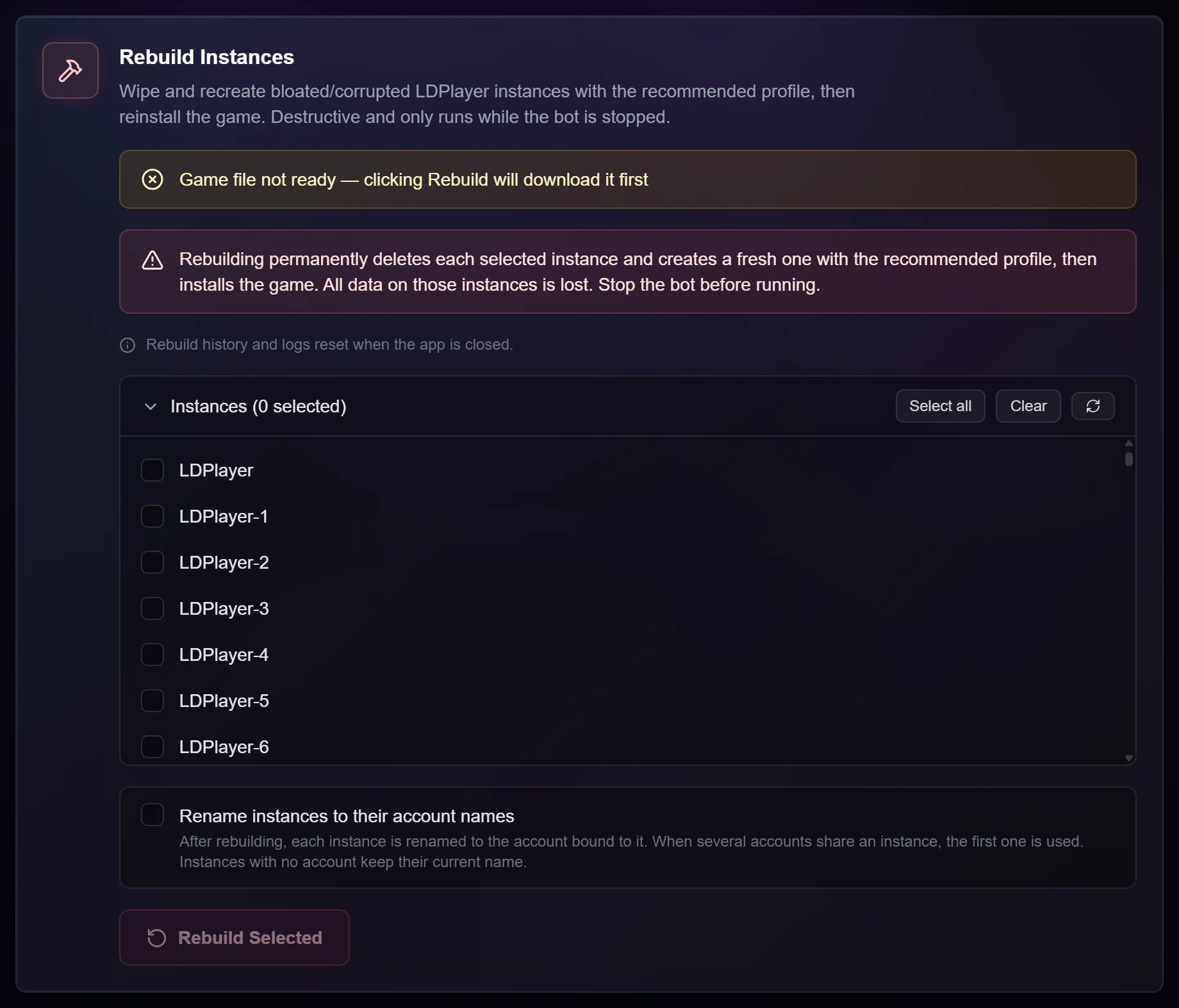 Instance rebuild tool