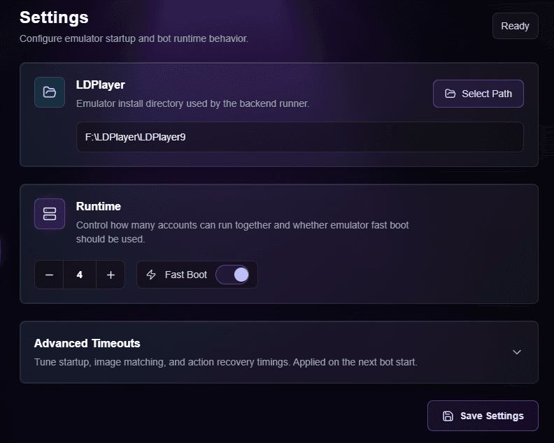 Settings page