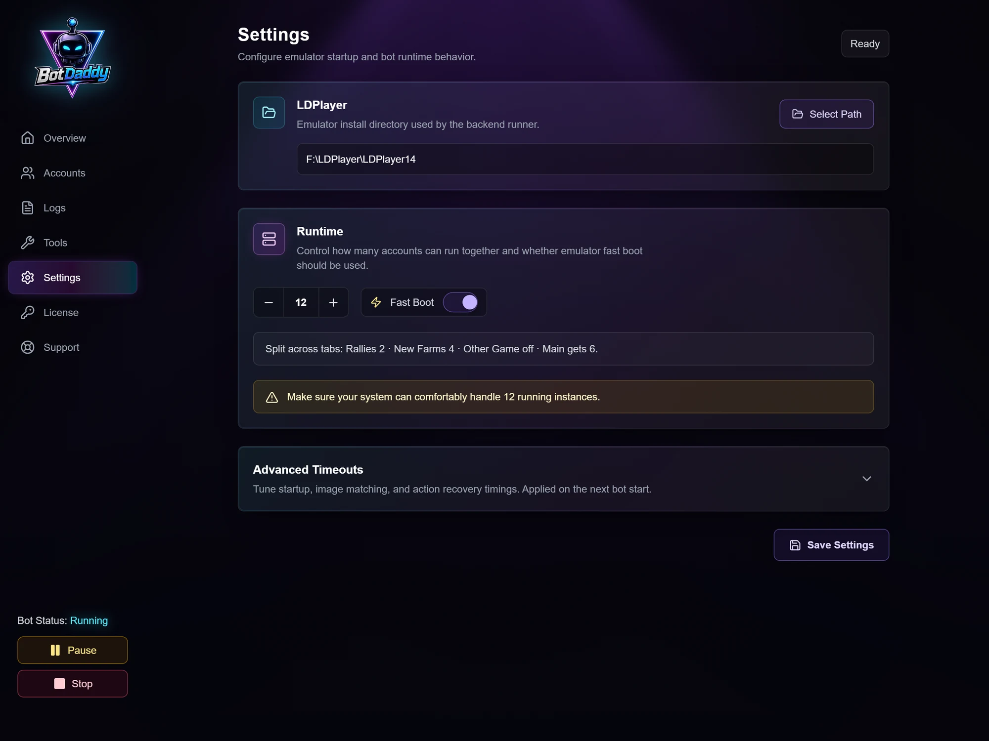Settings page
