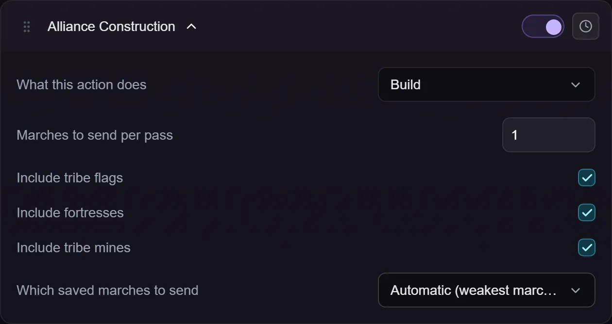 The Alliance Construction action settings, showing the mode selector, bookmark dropdown, coordinate field and march count