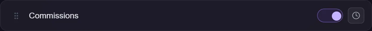 The Commissions action in the action list, with an on/off toggle and no configuration