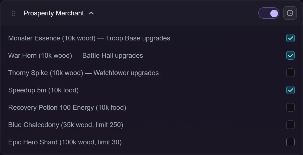 The Prosperity Merchant action settings, showing seven item checkboxes each labelled with its price and purchase limit