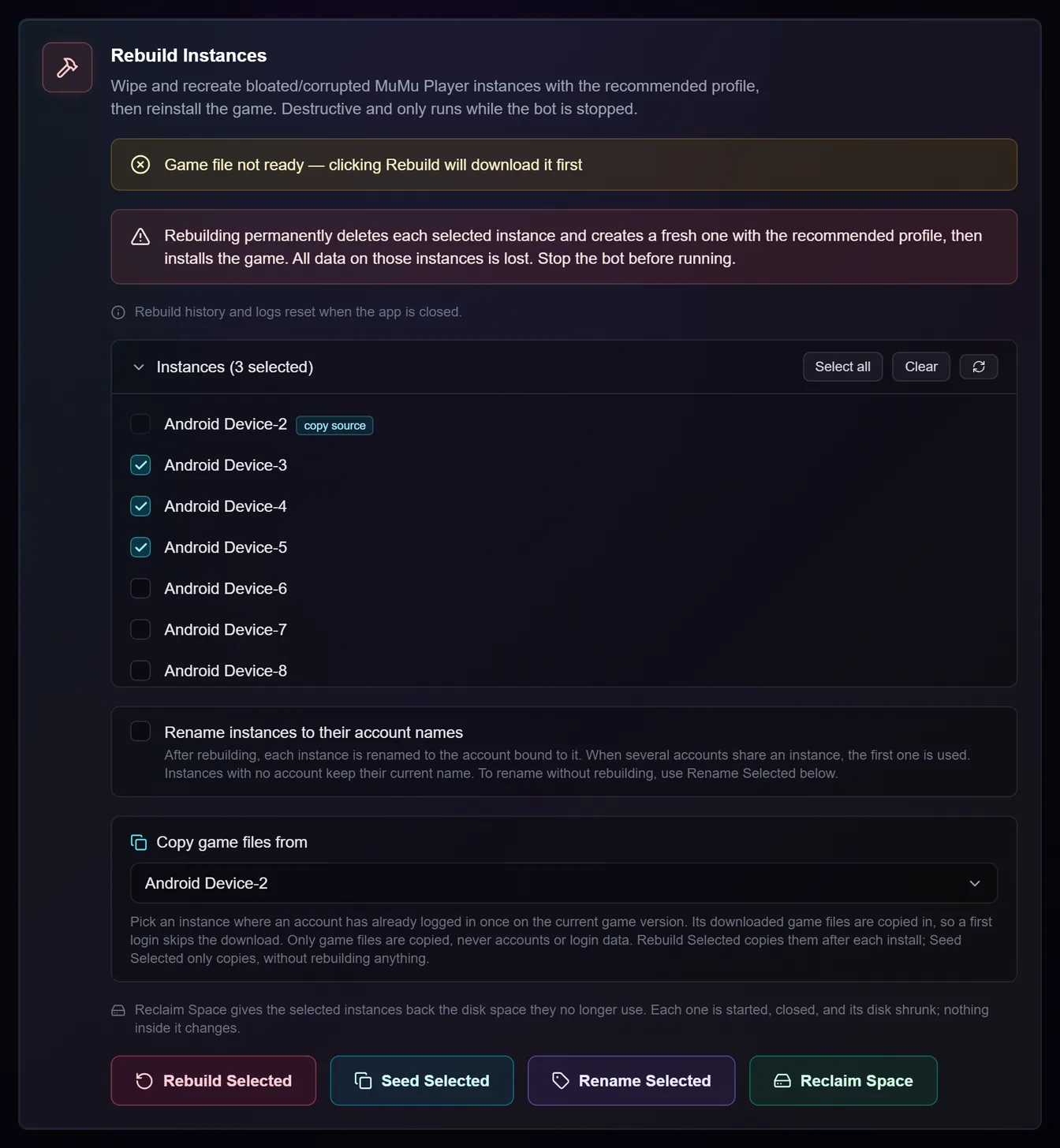 The Rebuild Instances card on MuMu Player: three instances ticked, a fourth marked as the copy source, the rename option, the Copy game files from picker, and the Rebuild Selected, Seed Selected, Rename Selected and Reclaim Space buttons
