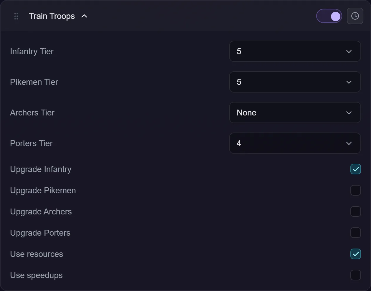 The Train Troops action settings, showing a tier dropdown and an Upgrade checkbox for Infantry, Pikemen, Archers and Porters