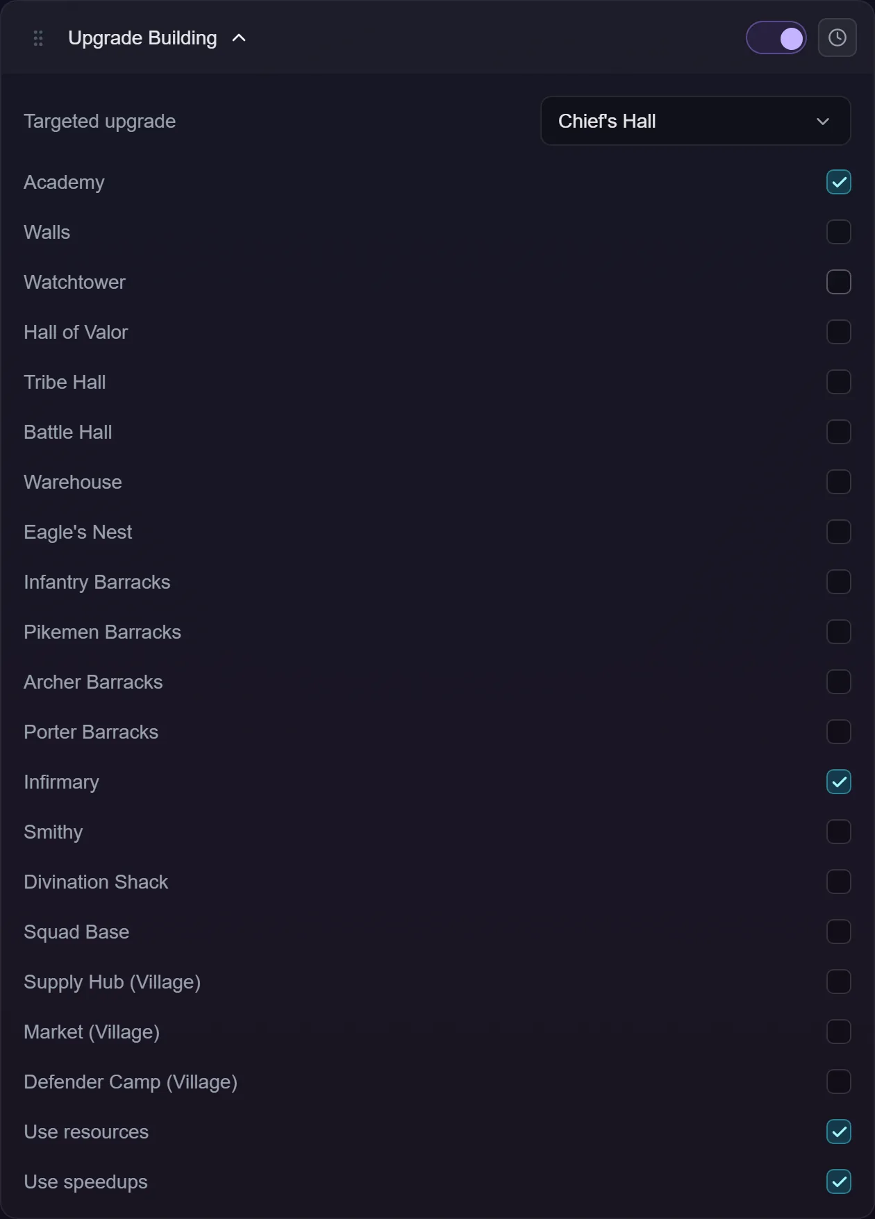 The Upgrade Building action settings, showing the Targeted upgrade dropdown above a checklist of buildings