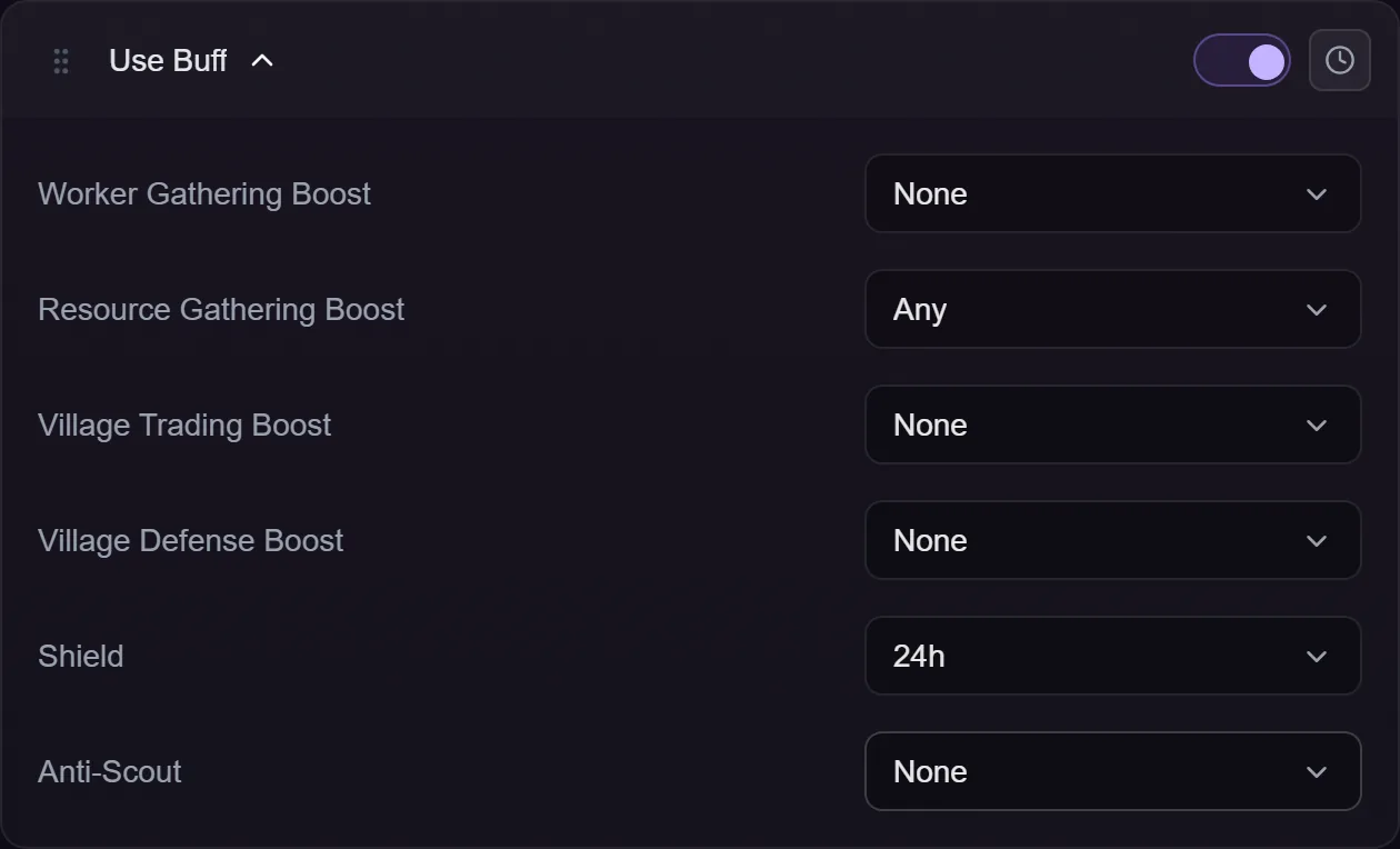 The Use Buff action settings, showing a duration dropdown for each buff family including Shield and Anti-Scout