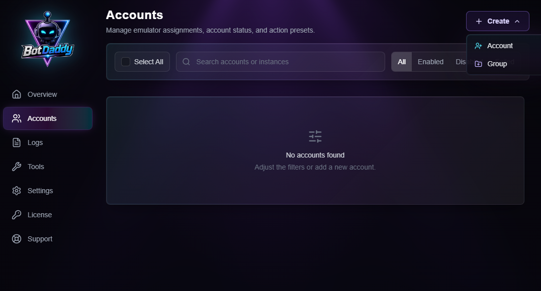 BotDaddy Accounts Page