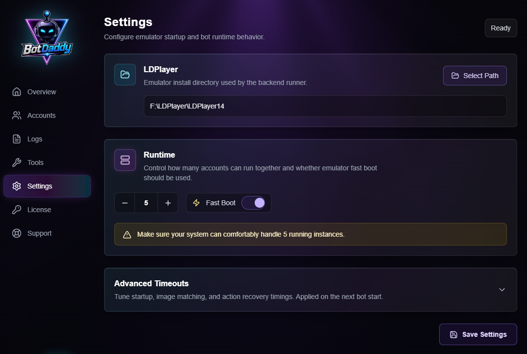 BotDaddy Settings Page